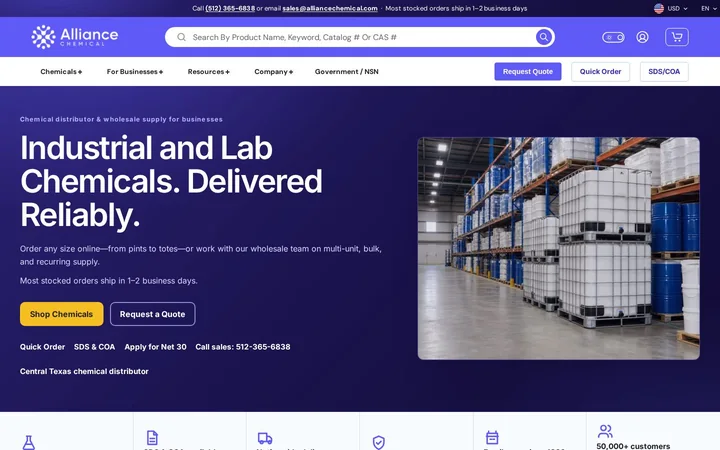 Alliance Chemical storefront, with chemical search, quick ordering and document access