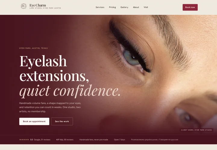 Eye Charm’s current website, led by close-up client lash photography and appointment booking